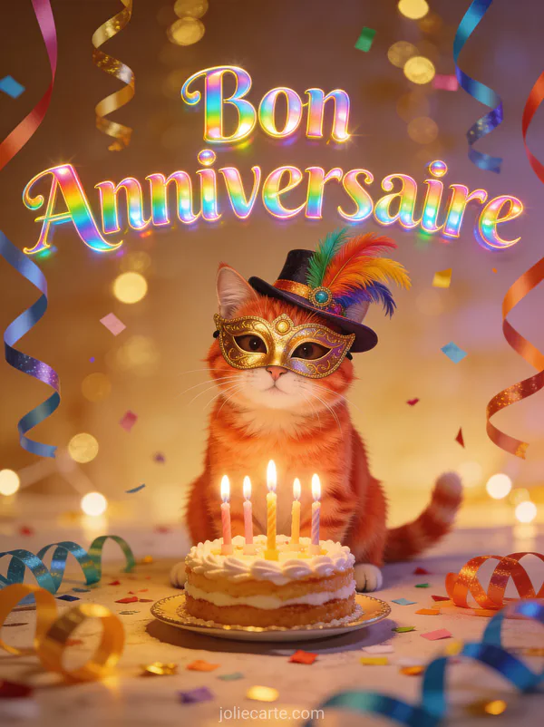 Chat roux portant un masque vénitien doré devant un gâteau d'anniversaire avec confettis et le texte Bon Anniversaire