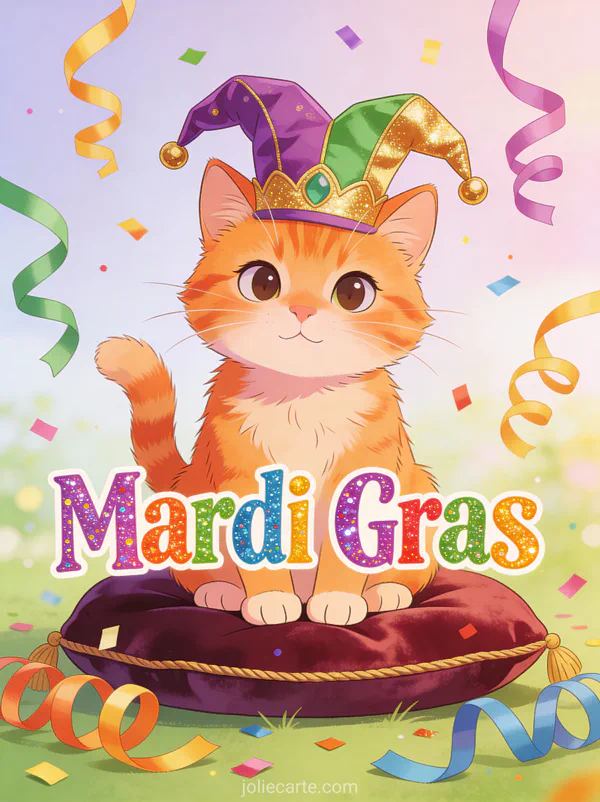 Chat roux portant un chapeau d'arlequin coloré entouré de serpentins et confettis avec le texte Mardi Gras