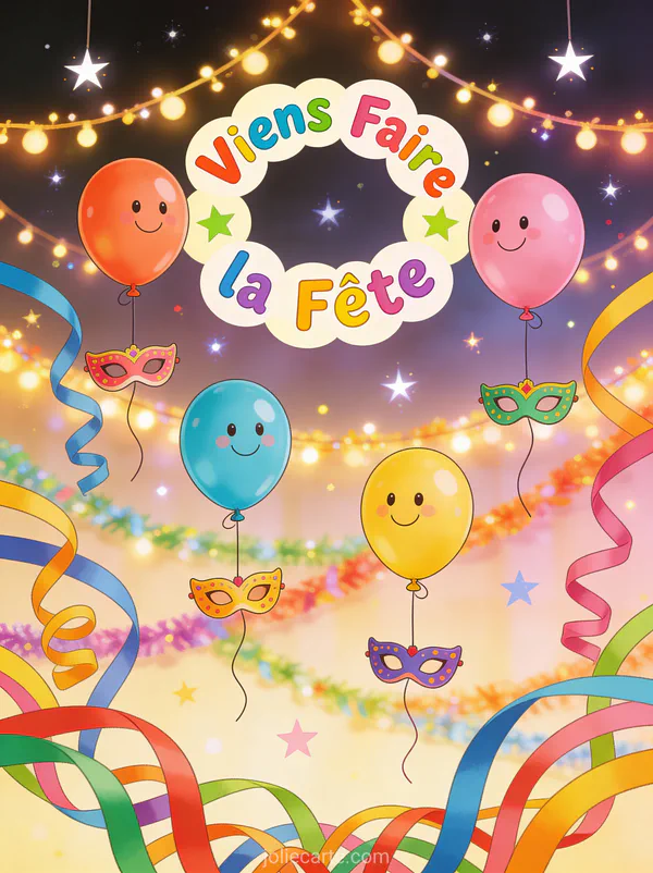 Serpentins colorés ballons et masques de carnaval suspendus avec le texte Viens Faire la Fête