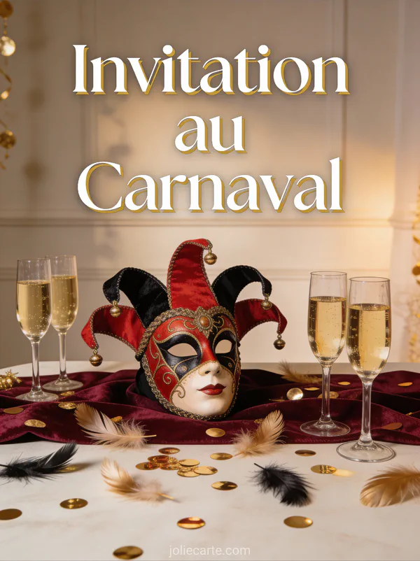 Table festive avec masque arlequin rouge et noir flûtes de champagne et confettis dorés avec le texte Invitation au Carnaval