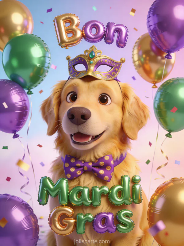 Chien golden retriever avec noeud papillon violet et masque de carnaval entouré de ballons et le texte Bon Mardi Gras
