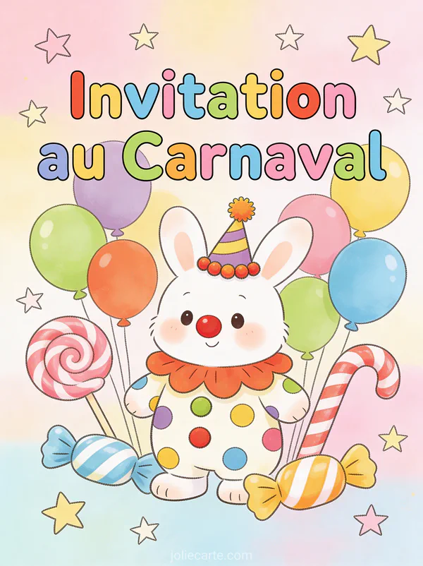 Petit lapin blanc déguisé en clown avec nez rouge et ballons colorés avec le texte Invitation au Carnaval