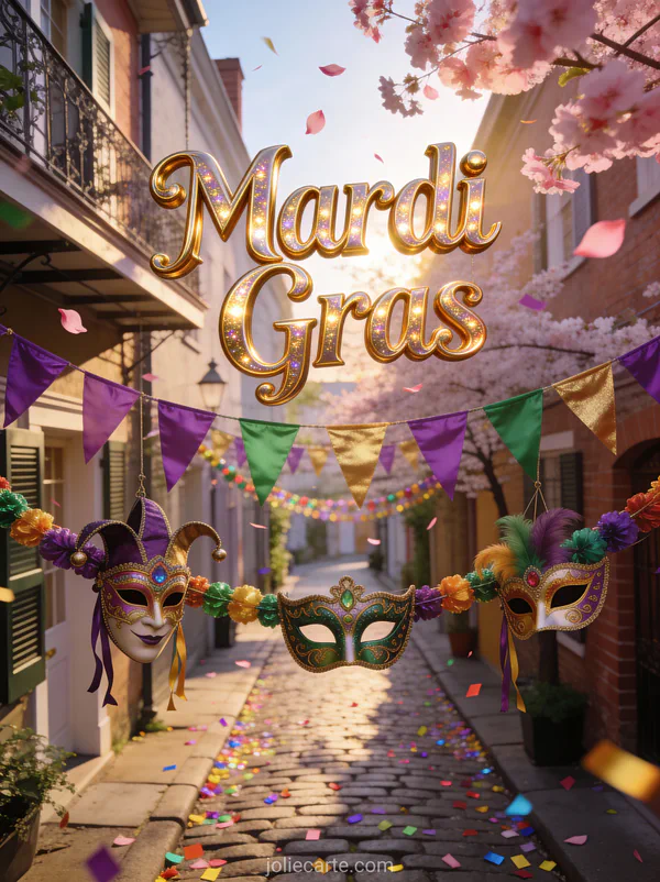 Ruelle pavée décorée de masques de carnaval et guirlandes colorées avec confettis et le texte Mardi Gras