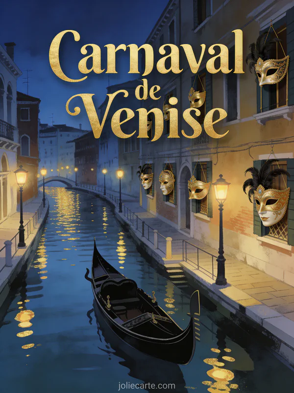 Canal de Venise au crépuscule avec gondole et masques vénitiens dorés aux fenêtres avec le texte Carnaval de Venise
