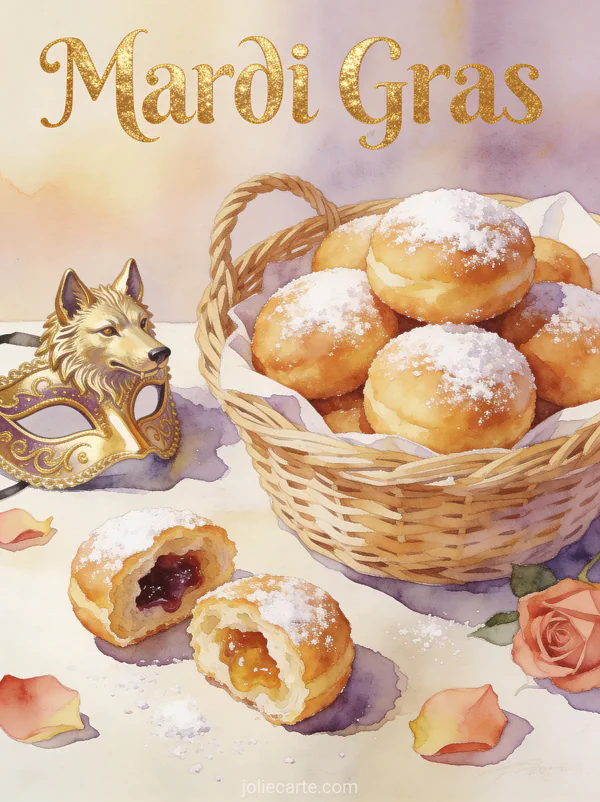 Panier en osier rempli de beignets dorés saupoudrés de sucre glace avec masque doré et le texte Mardi Gras