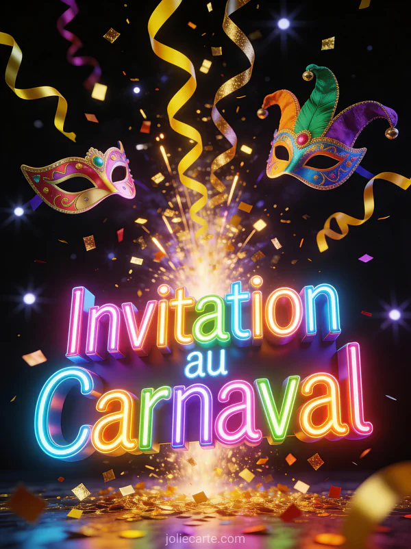 Explosion de confettis dorés et masques de carnaval colorés volant sur fond noir avec le texte Invitation au Carnaval