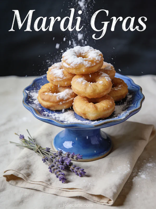 Pyramide de bugnes croustillantes saupoudrées de sucre glace sur plat bleu provençal avec lavande et le texte Mardi Gras