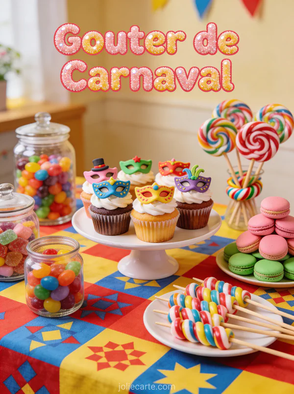 Table de goûter avec cupcakes décorés de masques bonbons colorés et macarons avec le texte Goûter de Carnaval