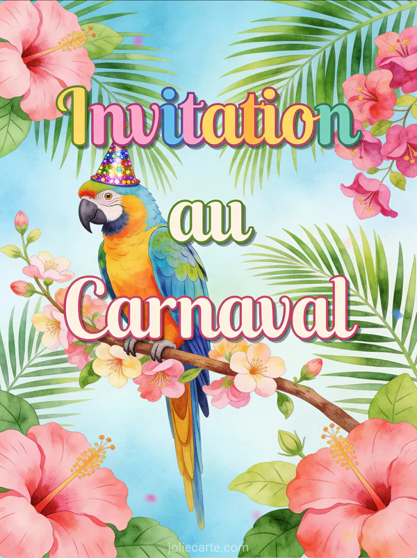 Perroquet ara multicolore avec chapeau de fête perché sur une branche fleurie d'hibiscus avec le texte Invitation au Carnaval