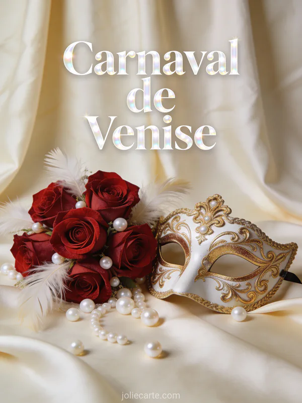 Masque vénitien blanc et or posé à côté de roses rouges sur soie ivoire avec le texte Carnaval de Venise
