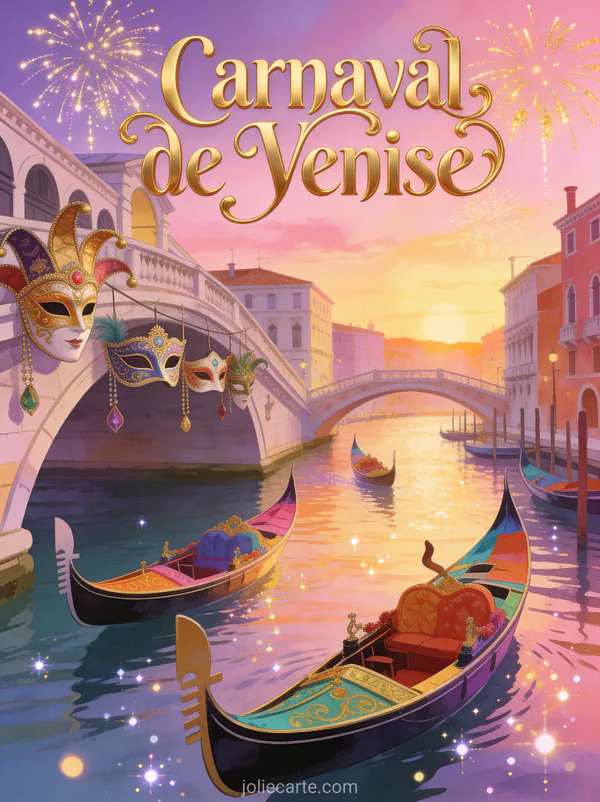 Gondoles colorées sur un canal vénitien au coucher du soleil avec masques suspendus et feux d'artifice et le texte Carnaval de Venise