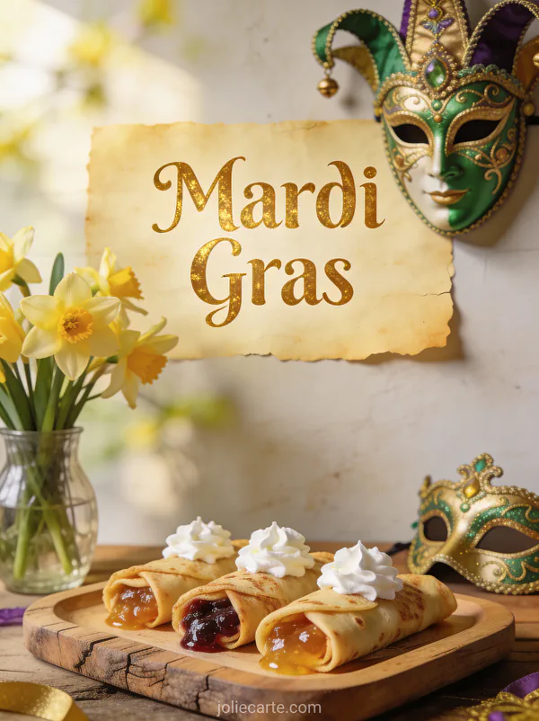 Crêpes roulées garnies sur plateau en bois avec masque de carnaval jonquilles et le texte Mardi Gras