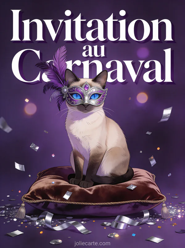 Chat siamois aux yeux bleus portant un masque vénitien violet et argent sur un coussin de velours avec le texte Invitation au Carnaval