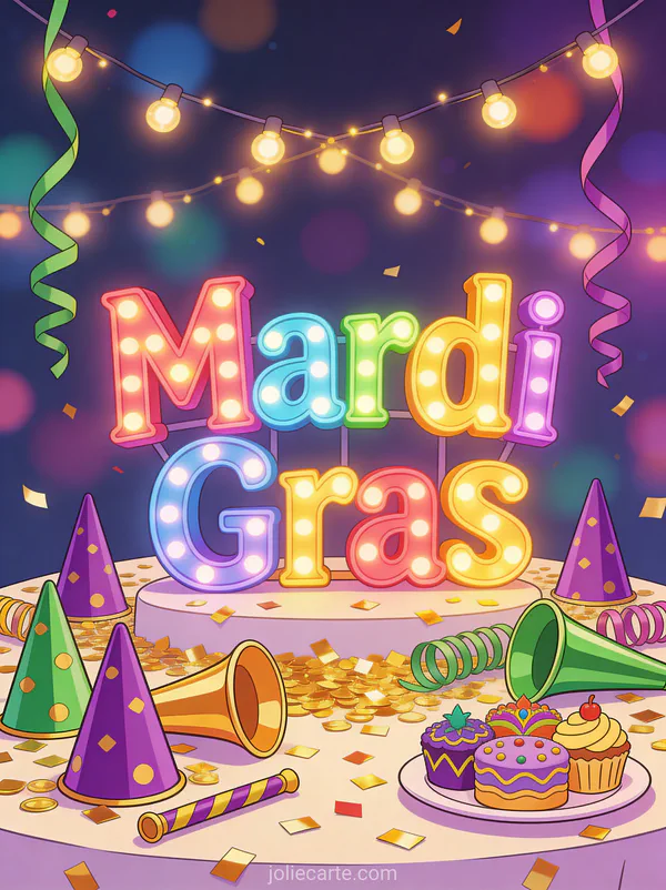 Table de fête avec chapeaux pointus colorés serpentins confettis et gâteaux de carnaval et le texte Mardi Gras