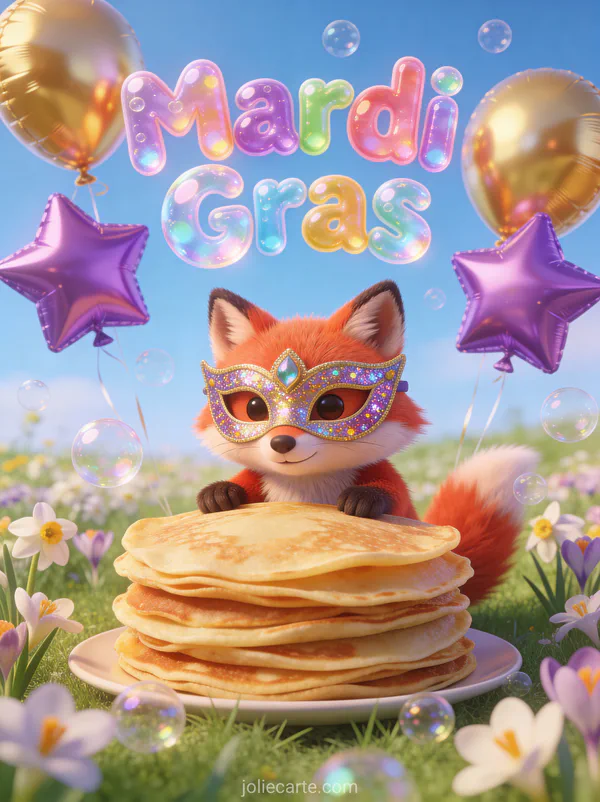 Petit renard roux avec masque de carnaval devant des crêpes avec ballons étoilés et le texte Mardi Gras