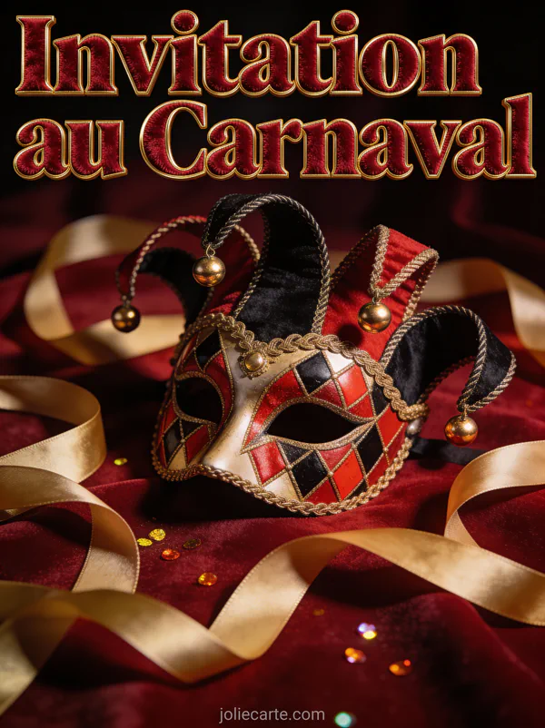 Masque arlequin rouge et noir avec grelots dorés sur velours rouge avec rubans de satin et le texte Invitation au Carnaval