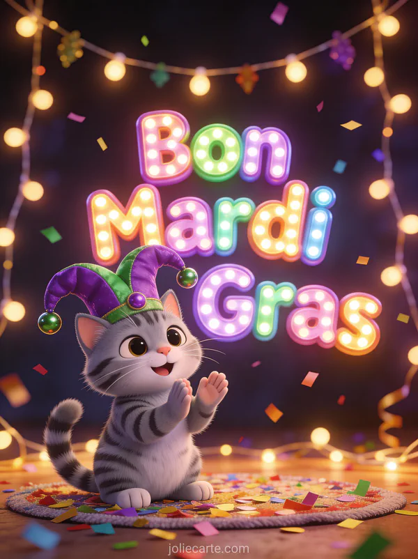 Chat tigré avec chapeau de bouffon à grelots entouré de confettis et guirlandes et le texte Bon Mardi Gras