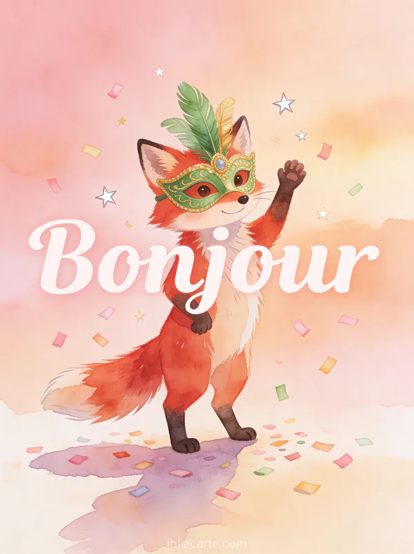 Petit renard roux portant un masque de carnaval à plumes levant la patte pour saluer avec confettis et le texte Bonjour
