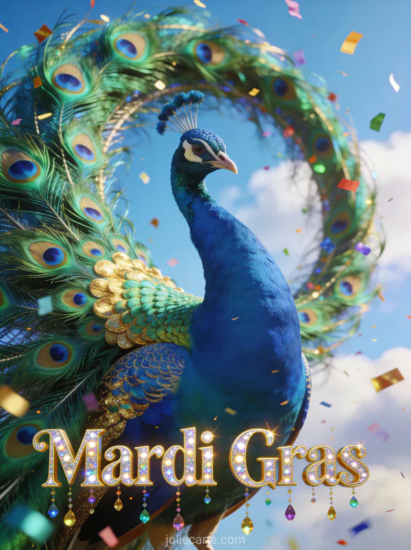 Paon faisant la roue avec plumes iridescentes bleues et vertes et confettis colorés et le texte Mardi Gras