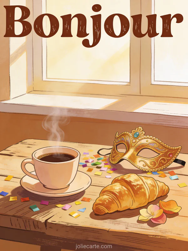 Tasse de café fumante sur table en bois avec masque de carnaval doré confettis et croissant avec le texte Bonjour