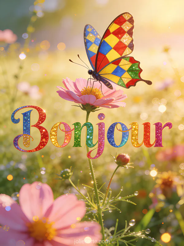 Papillon aux ailes arlequin multicolores posé sur une fleur de cosmos dans une prairie matinale avec le texte Bonjour