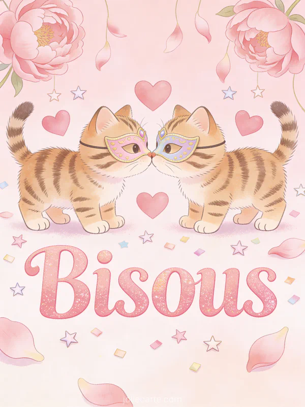 Deux chatons tigrés nez contre nez portant des masques de carnaval pastel avec coeurs roses et confettis et le texte Bisous