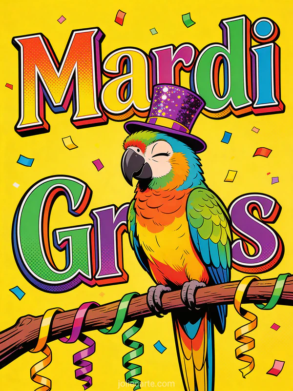 Perroquet ara multicolore avec chapeau haut-de-forme violet faisant un clin d'oeil avec confettis et le texte Mardi Gras