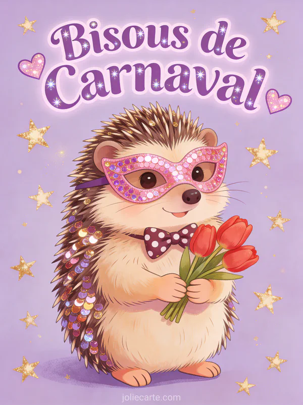 Petit hérisson portant un masque à paillettes roses tenant un bouquet de tulipes rouges avec le texte Bisous de Carnaval
