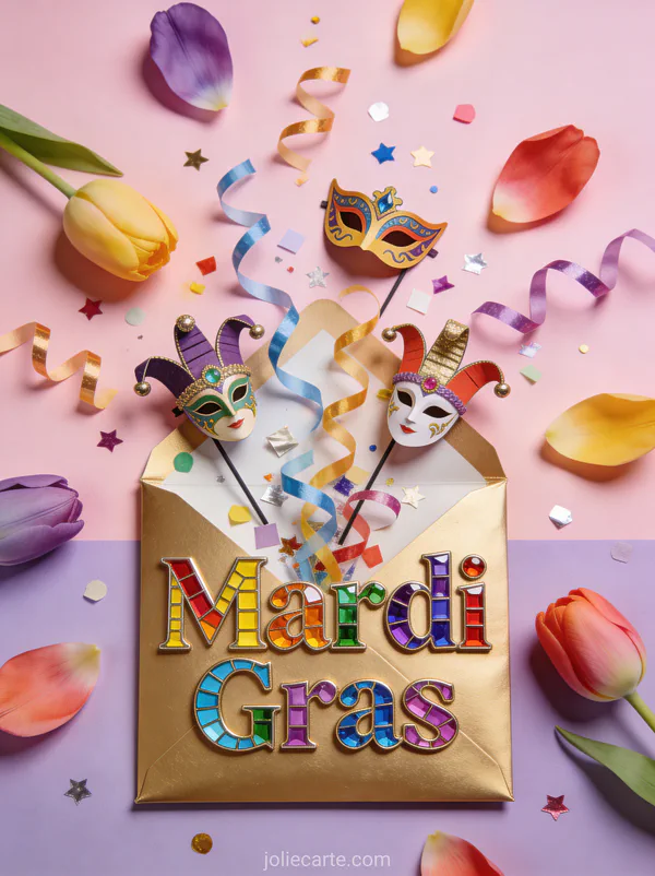Enveloppe dorée ouverte avec confettis serpentins et masques de carnaval miniatures et le texte Mardi Gras