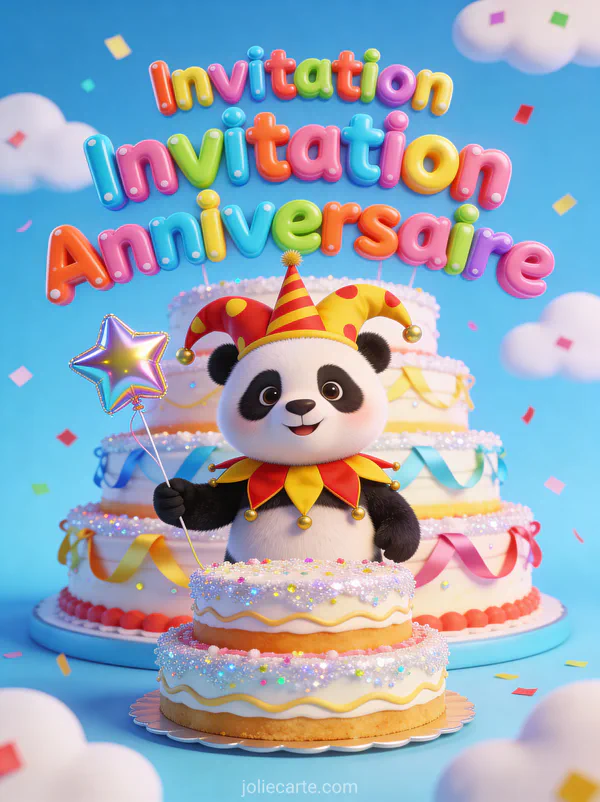 Petit panda en costume d'arlequin avec chapeau pointu devant un gâteau d'anniversaire tenant un ballon étoile avec le texte Invitation Anniversaire
