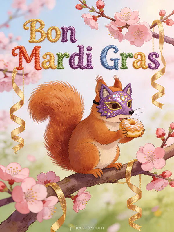 Écureuil roux avec masque violet sur branche de cerisier en fleurs grignotant un beignet et le texte Bon Mardi Gras