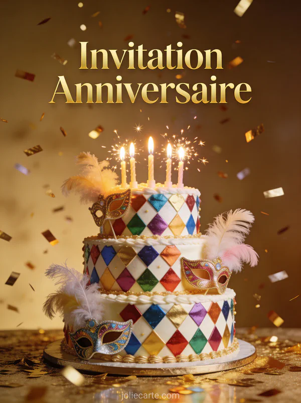 Gâteau d'anniversaire trois étages glaçage arlequin avec plumes masques en sucre et bougies avec le texte Invitation Anniversaire