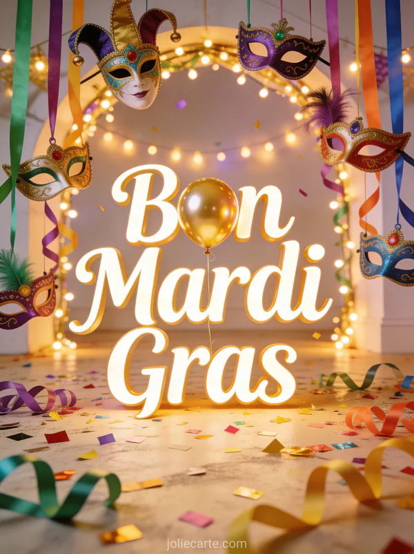 Arche de masques de carnaval suspendus à des rubans colorés avec confettis et guirlandes et le texte Bon Mardi Gras