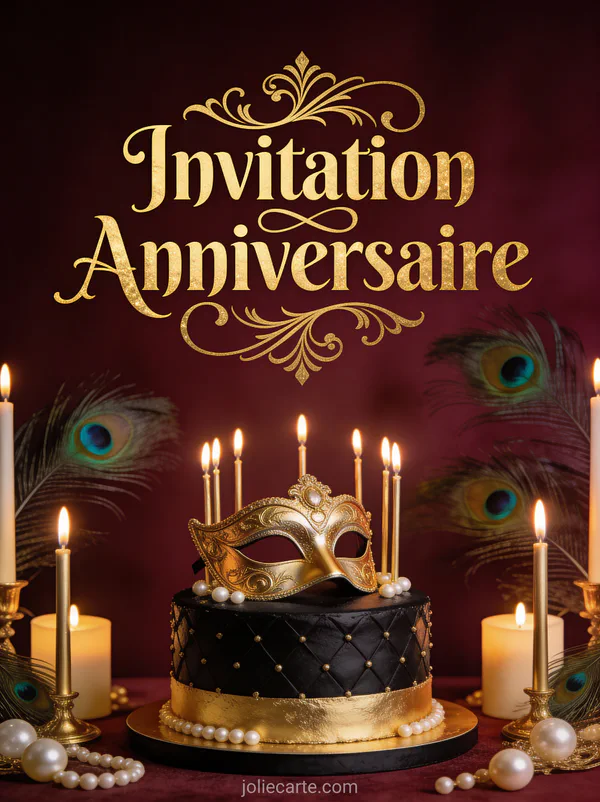 Masque vénitien doré posé sur gâteau d'anniversaire noir et or avec plumes de paon et bougies avec le texte Invitation Anniversaire