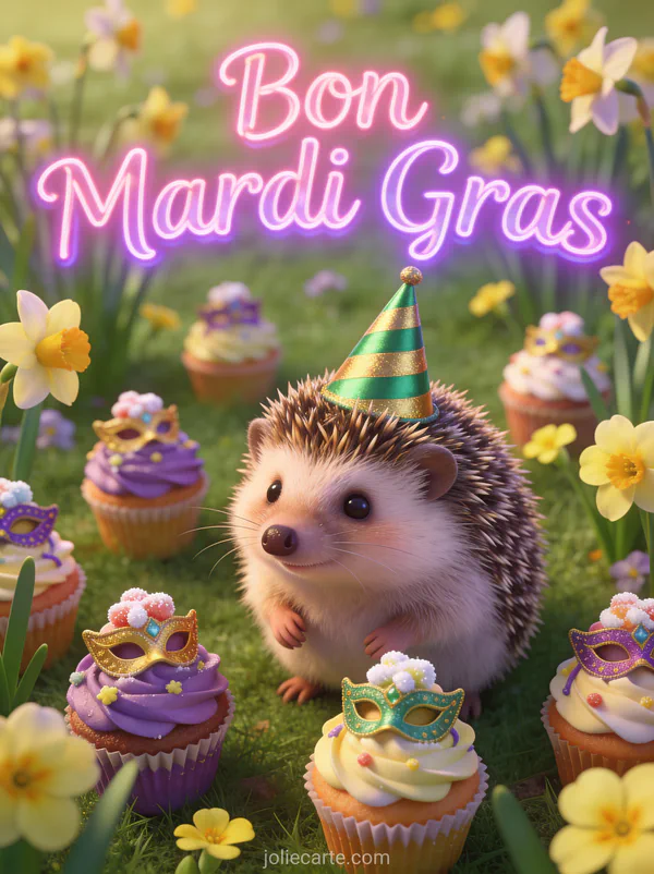 Hérisson avec chapeau pointu de fête entouré de cupcakes de carnaval dans une prairie de primevères et le texte Bon Mardi Gras