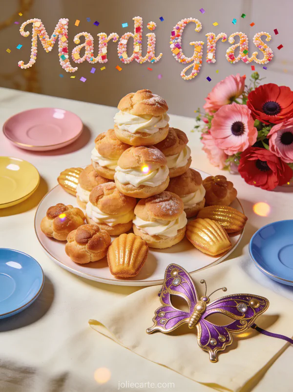 Table de goûter avec pièce montée de choux chouquettes madeleines masque papillon et anémones et le texte Mardi Gras