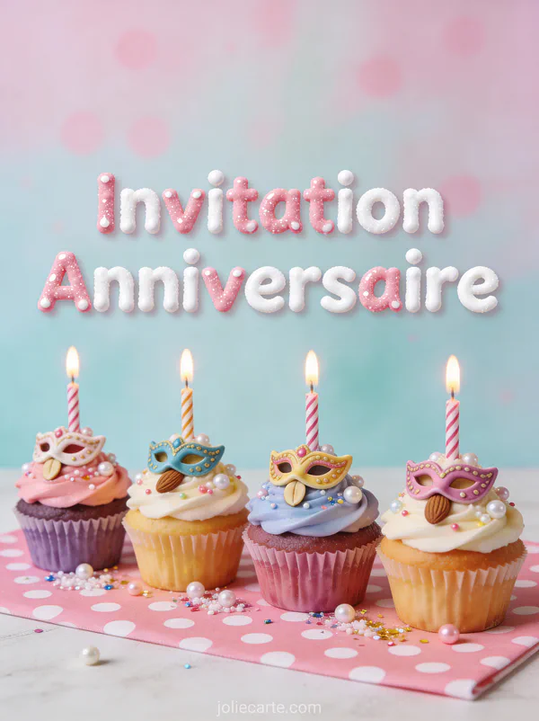 Cupcakes colorés décorés de mini masques de carnaval en pâte d'amande avec bougies rayées sur nappe à pois roses avec le texte Invitation Anniversaire