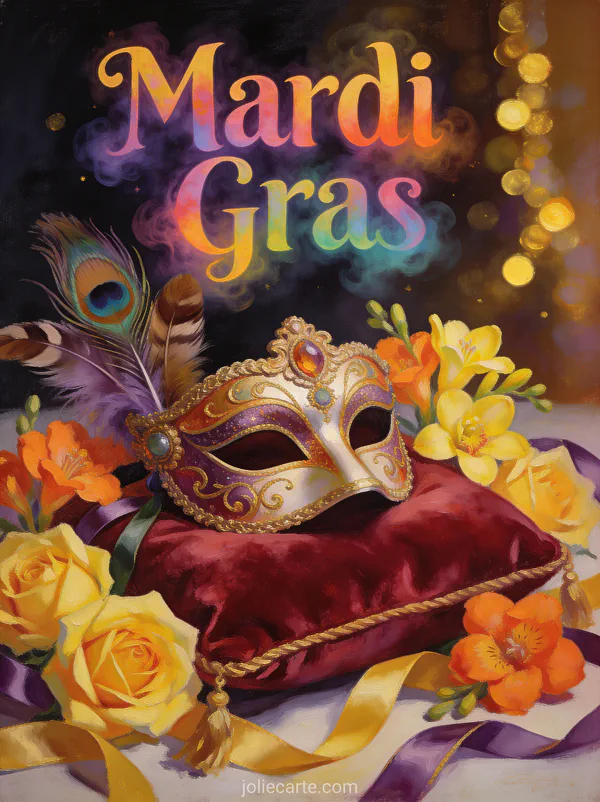 Masque vénitien sur coussin de velours rouge entouré de roses jaunes freesias et plumes et le texte Mardi Gras