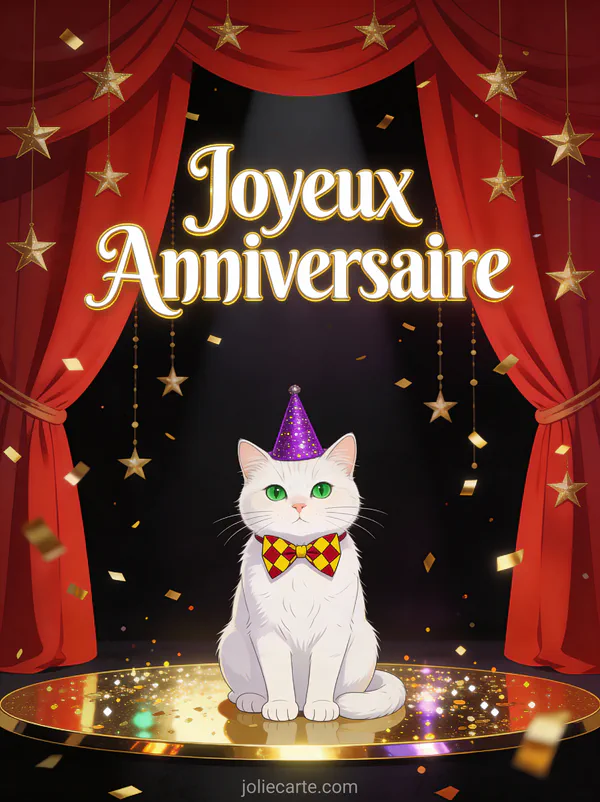 Chat blanc aux yeux verts portant un noeud papillon arlequin et chapeau de fête violet devant des rideaux de théâtre rouges avec le texte Joyeux Anniversaire