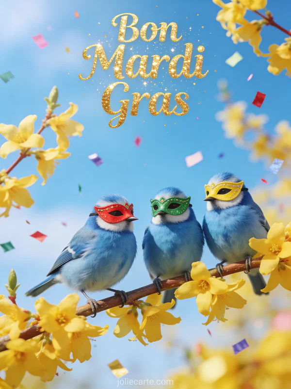 Trois mésanges bleues avec masques de carnaval sur branche de forsythia en fleurs avec confettis et le texte Bon Mardi Gras