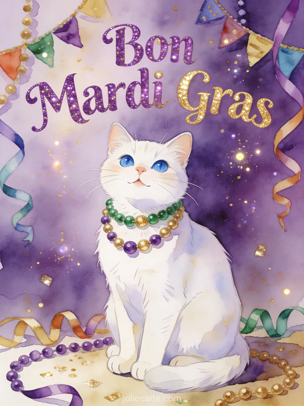 Chat blanc aux yeux bleus portant des perles de carnaval avec serpentins et guirlandes et le texte Bon Mardi Gras