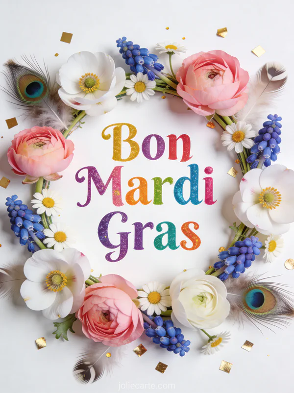 Couronne de renoncules anémones muscaris et marguerites avec plumes de paon et confettis et le texte Bon Mardi Gras