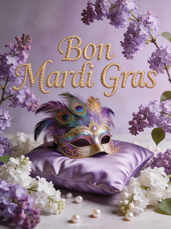 Masque de plumes iridescentes sur coussin lavande entouré de lilas en fleurs et perles et le texte Bon Mardi Gras