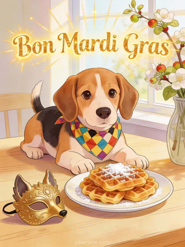 Chiot beagle avec bandana arlequin devant des gaufres avec masque doré et fleurs de pommier et le texte Bon Mardi Gras