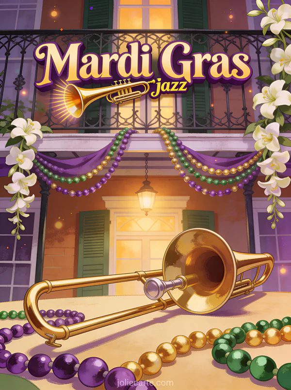 Balcon en fer forgé avec colliers de perles colorés trompette dorée et guirlandes de jasmin et le texte Mardi Gras