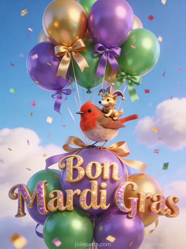 Rouge-gorge avec loup de carnaval doré perché sur des ballons violets verts et dorés avec confettis et le texte Bon Mardi Gras