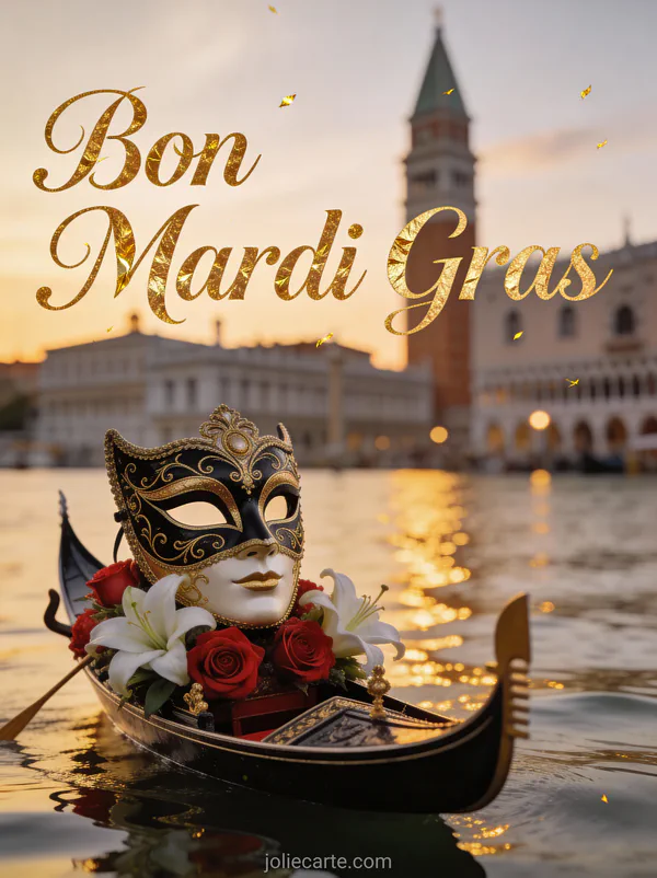 Masque vénitien noir et or sur gondole miniature avec roses rouges et lys blancs devant un palais et le texte Bon Mardi Gras