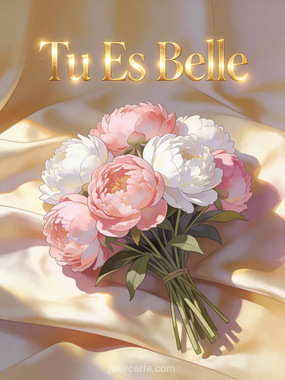 Bouquet de pivoines roses et blanches sur tissu de soie avec le texte Tu Es Belle en lettres dorées