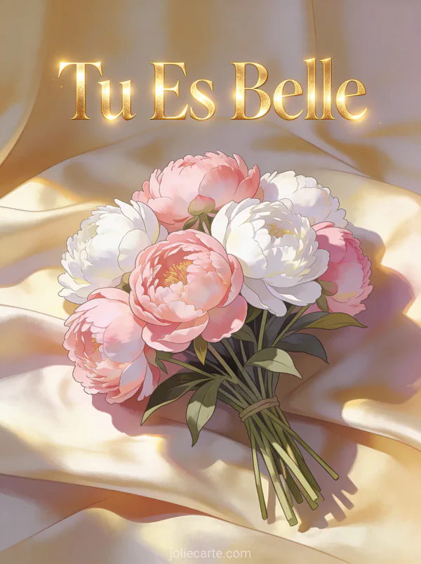 Bouquet de pivoines roses et blanches sur tissu de soie avec le texte Tu Es Belle en lettres dorées