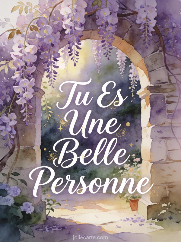 Jardin enchanteur avec glycines mauves en cascade sur une arche de pierre et le texte Tu Es Une Belle Personne